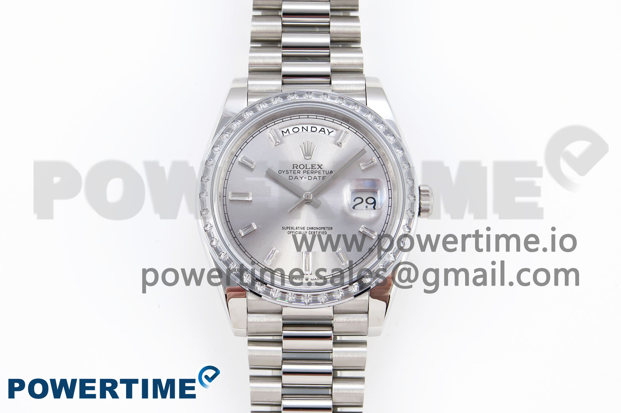 1-1-1-1.jpg DayDate 40 SS GSF Gain Weight Silver Crystal Dial Diamonds Bezel on President Bracelet A3255 - Image 1