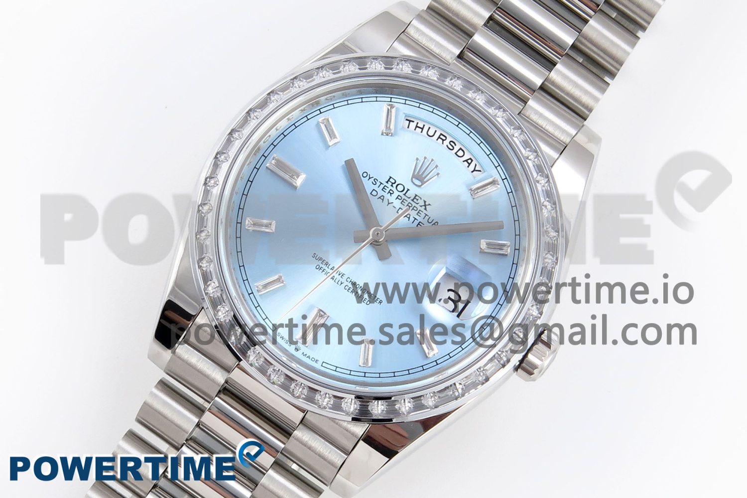 DayDate 40 SS GSF Gain Weight Ice Blue Crystal Dial Diamonds Bezel on President Bracelet A3255 - Image 2
