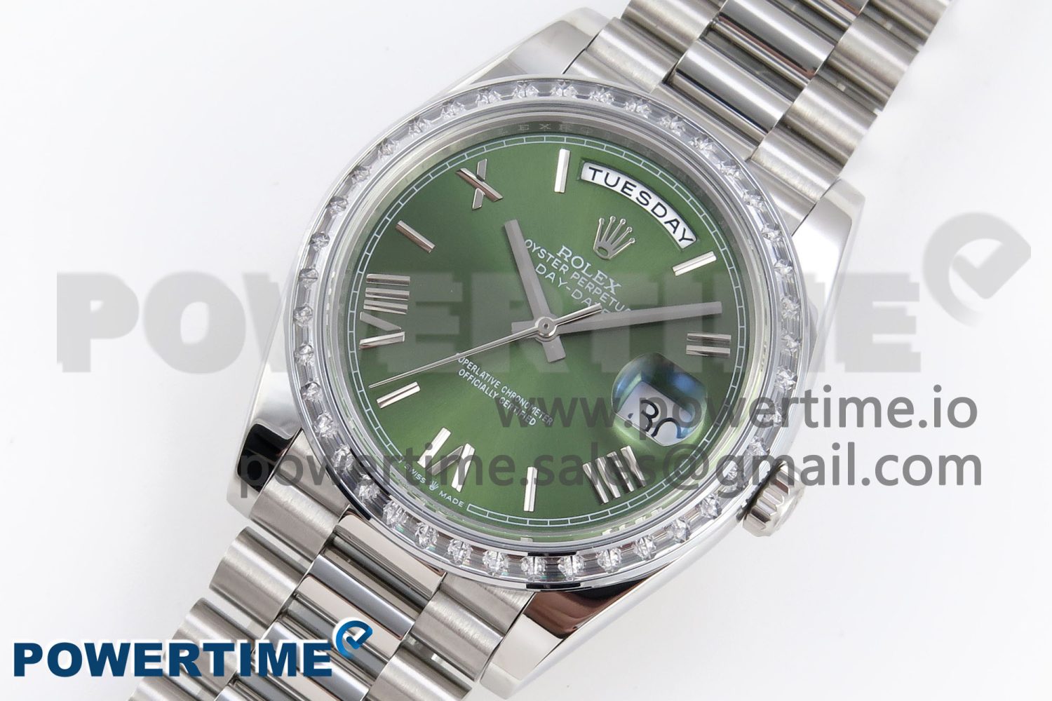 DayDate 40 SS GSF Gain Weight Green Roman Dial Diamonds Bezel on President Bracelet A3255 - Image 2
