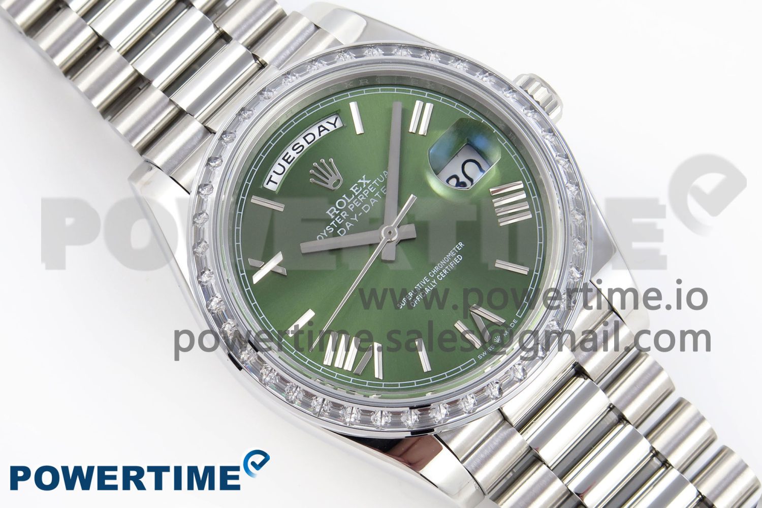 DayDate 40 SS GSF Gain Weight Green Roman Dial Diamonds Bezel on President Bracelet A3255 - Image 3