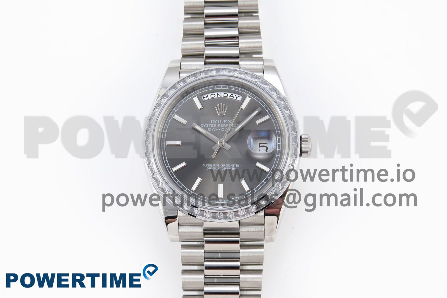 DayDate 40 SS GSF Gain Weight Gray Roman Dial Diamonds Bezel on President Bracelet A3255 - Image 1