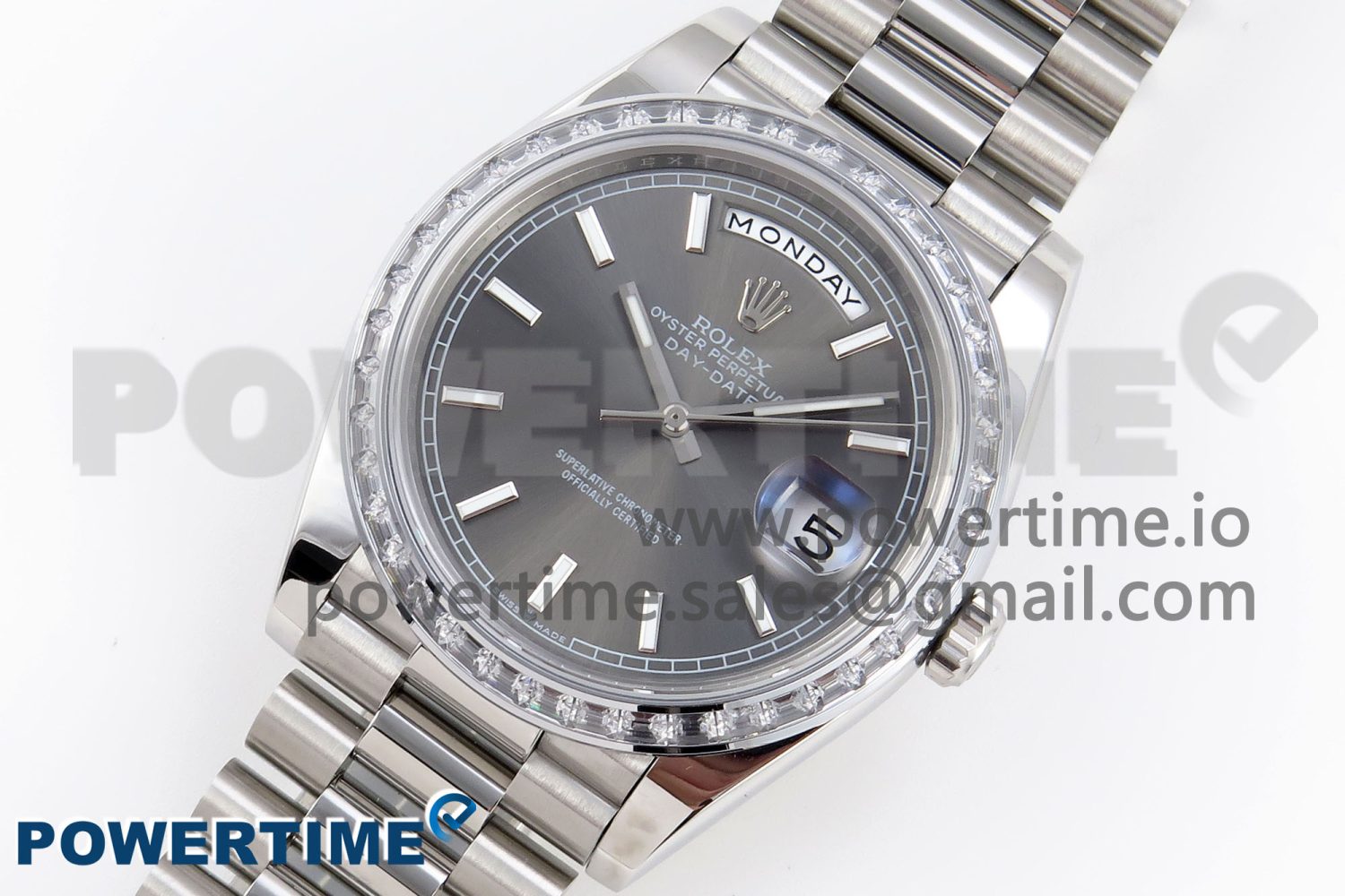 DayDate 40 SS GSF Gain Weight Gray Roman Dial Diamonds Bezel on President Bracelet A3255 - Image 2