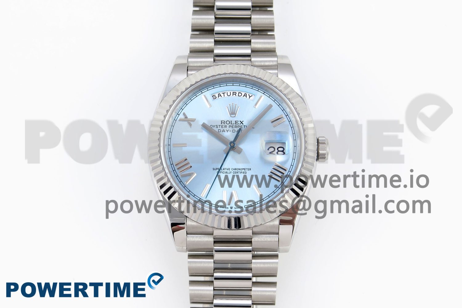 DayDate 40 SS GSF Gain Weight Ice Blue Roman Dial Diamonds Bezel on President Bracelet A3255 - Image 1