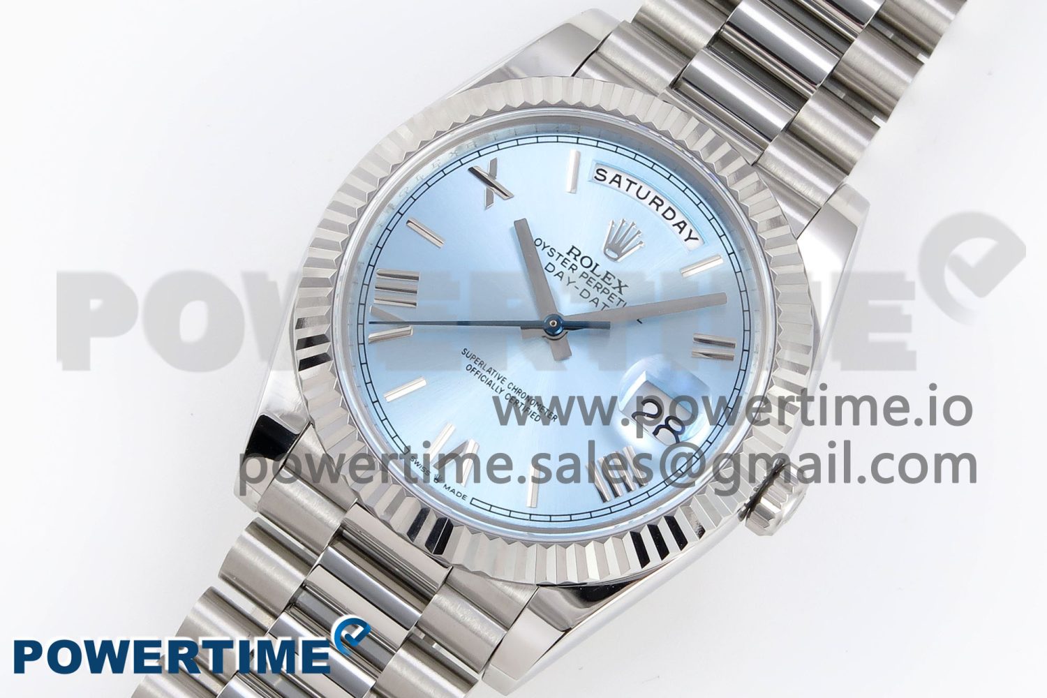 DayDate 40 SS GSF Gain Weight Ice Blue Roman Dial Diamonds Bezel on President Bracelet A3255 - Image 2