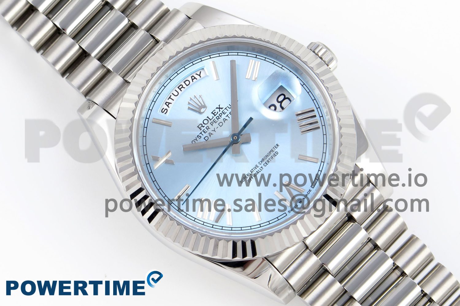 DayDate 40 SS GSF Gain Weight Ice Blue Roman Dial Diamonds Bezel on President Bracelet A3255 - Image 3