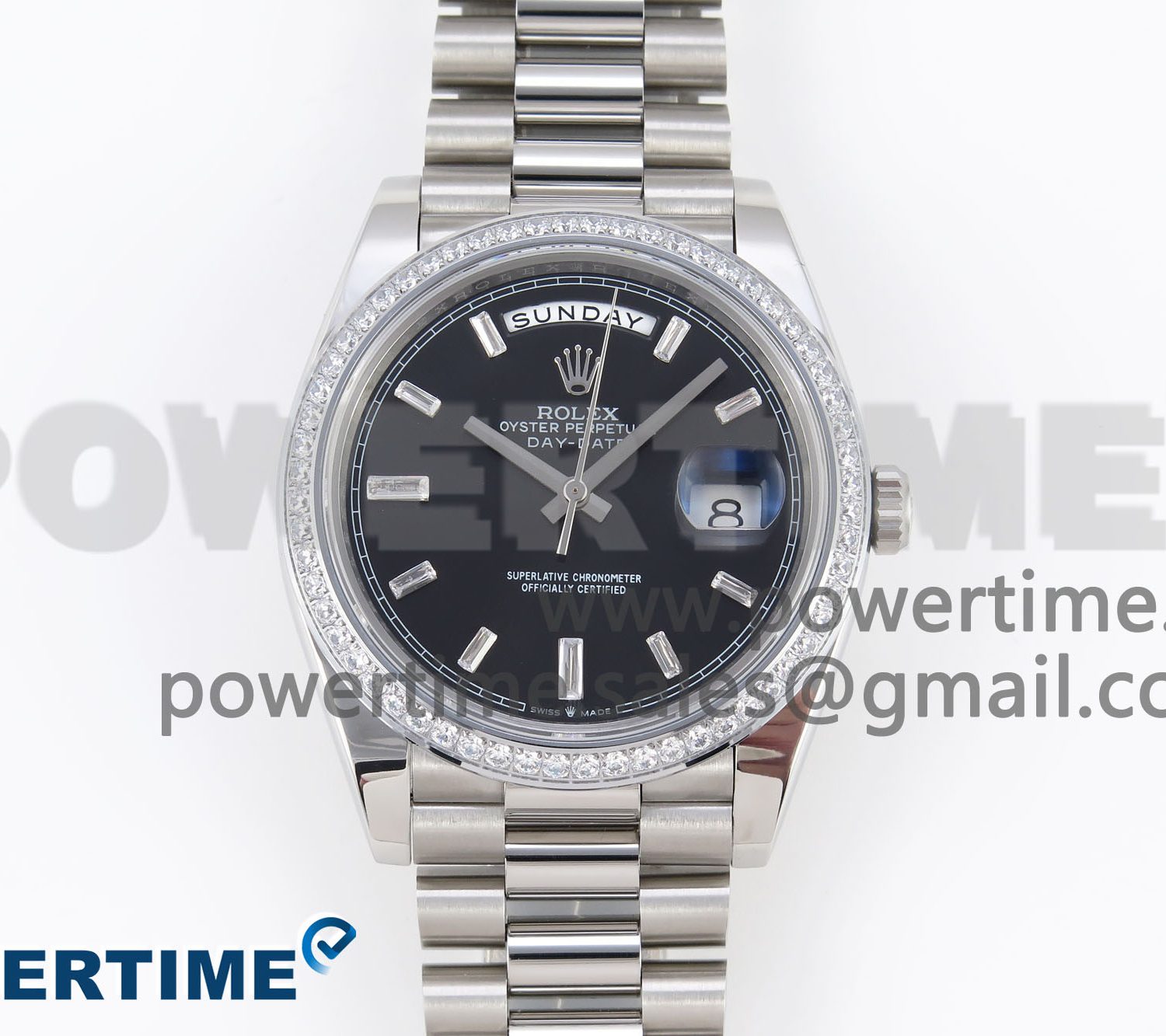 DayDate 40 SS GSF Gain Weight Black Crystal Dial Diamonds Bezel on President Bracelet A3255
