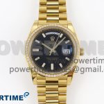 DayDate 40 YG GSF Gain Weight Black Crystal Dial Diamonds Bezel on President Bracelet A3255