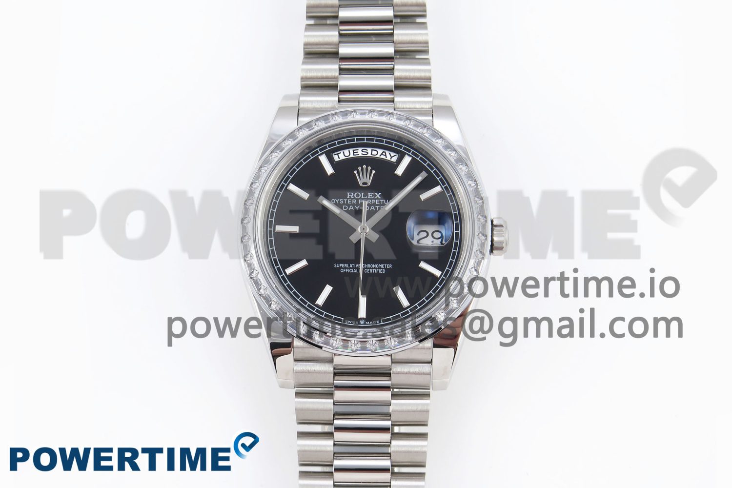 DayDate 40 SS GSF Gain Weight Black Stick Dial Diamonds Bezel on President Bracelet A3255 - Image 1