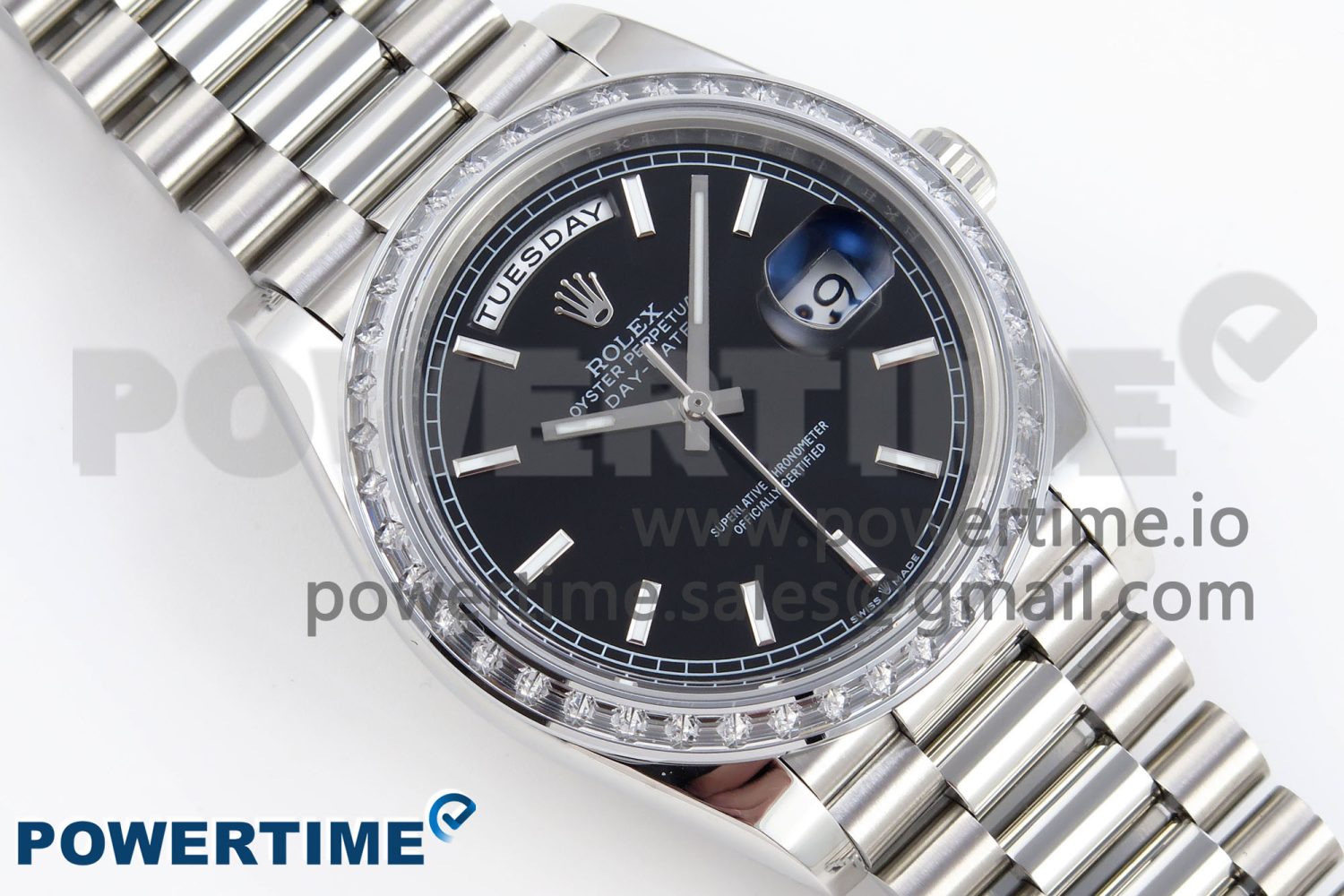 DayDate 40 SS GSF Gain Weight Black Stick Dial Diamonds Bezel on President Bracelet A3255 - Image 3