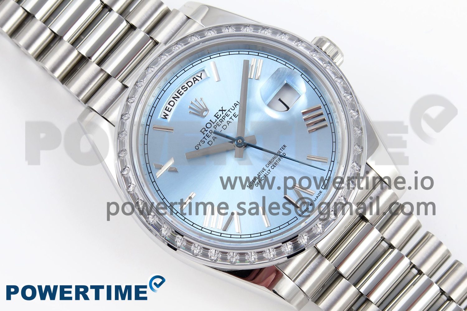 DayDate 40 SS GSF Gain Weight Ice Blue Roman Dial Diamonds Bezel on President Bracelet A3255 - Image 3
