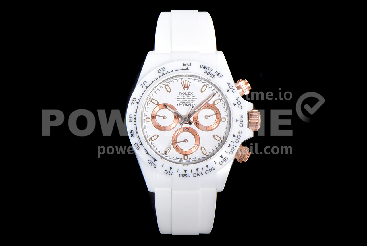 Rolex Daytona White Ceramic 5GF Best Edition White/RG Dial on White Rubber Strap A7750 Super Clone Watch
