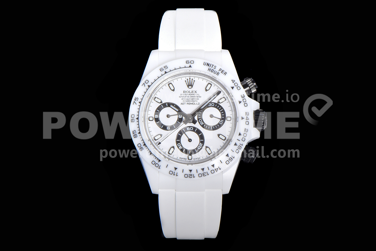 Rolex Daytona White Ceramic 5GF Best Edition White/Black Dial on White Rubber Strap A7750 Super Clone Watch