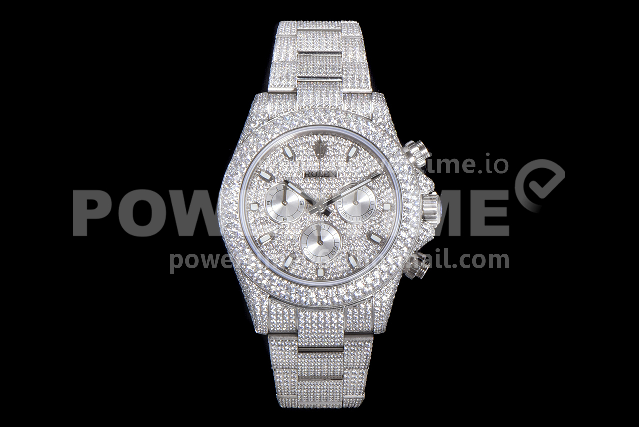 Rolex Daytona Jumbo SS TWF Full Paved Diamonds Dial and Bracelet A7750 Super Clone Watch