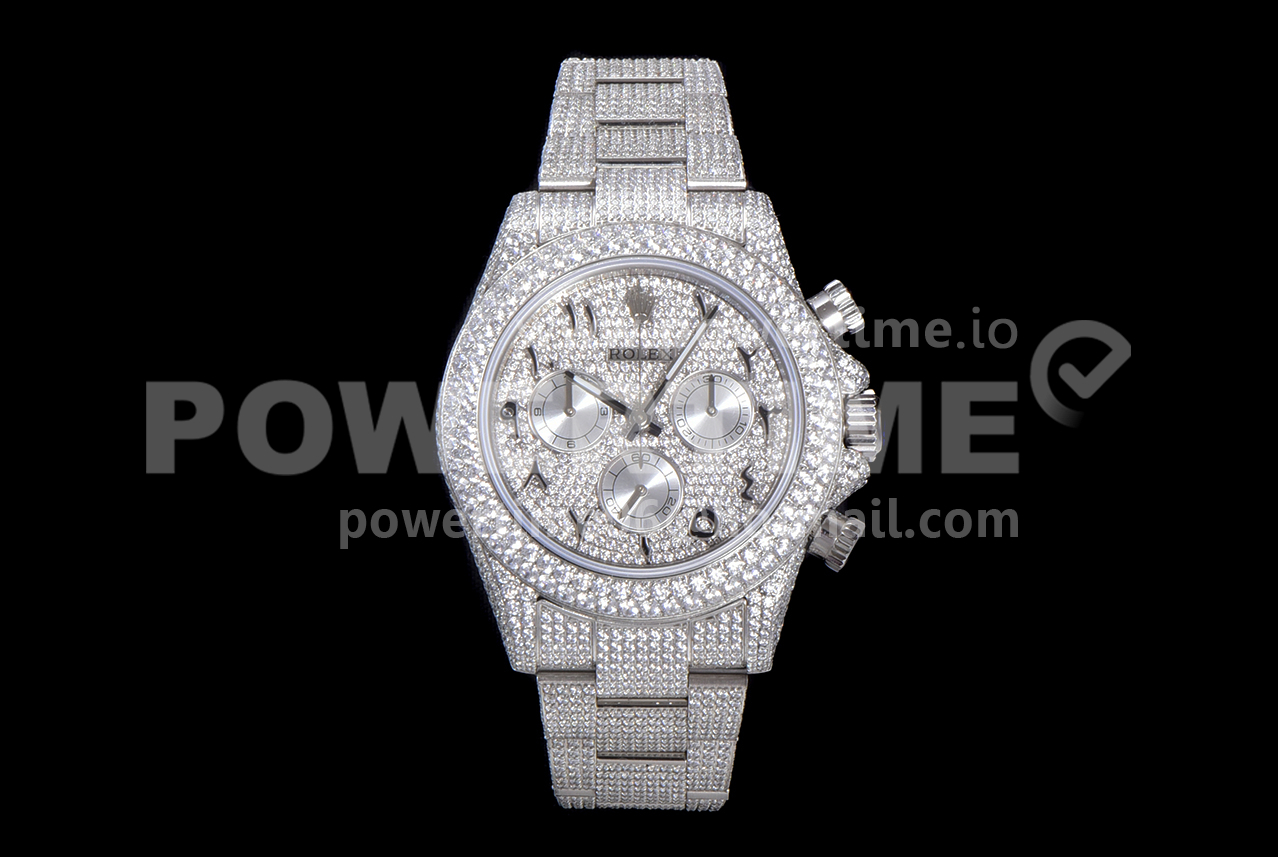 Rolex Daytona Jumbo SS TWF Roman Scale Full Paved Diamonds Dial and Bracelet A7750 Super Clone Watch