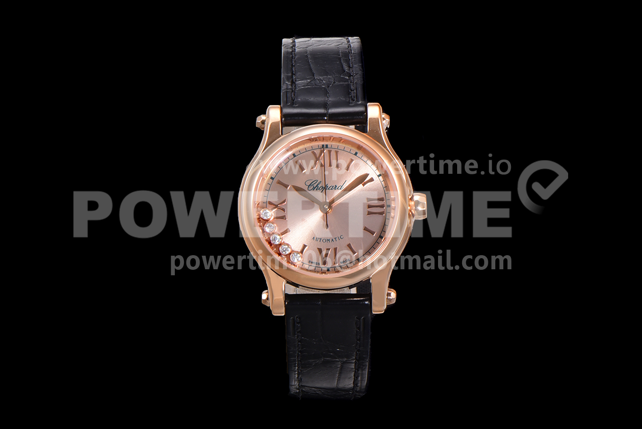 Chopard Replica Watches Happy Sport RG Dial Black Leather Strap YF 9015 1:1 Fake watches Super Clone Watch