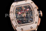 Richard Mille RM011 Le Mans Classic 2012 RG Black Skeleton Dial Full Pave Diamonds Bezel on Black Rubber Strap A7750 Super Clone Watch - Image 5