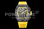Richard Mille RM011 NTPT Carbon Chrono KVF 1:1 Best Edition Crystal Skeleton Dial Yellow Inner Bezel on Yellow Rubber Strap A7750 Super Clone Watch