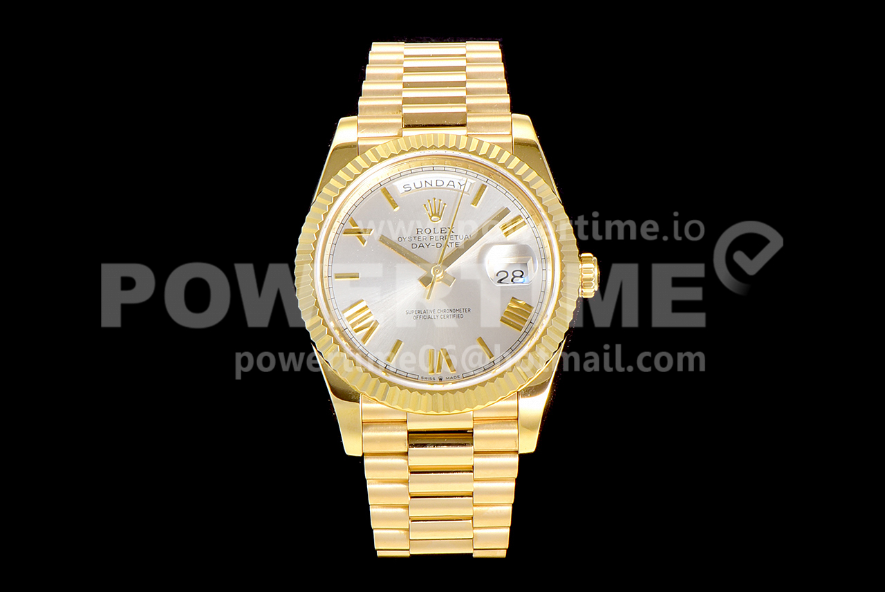 Rolex Day Date 40 YG 904L Steel JDF 1:1 Best Edition Silver Roman Dial on YG Bracelet A2836 Super Clone Watch