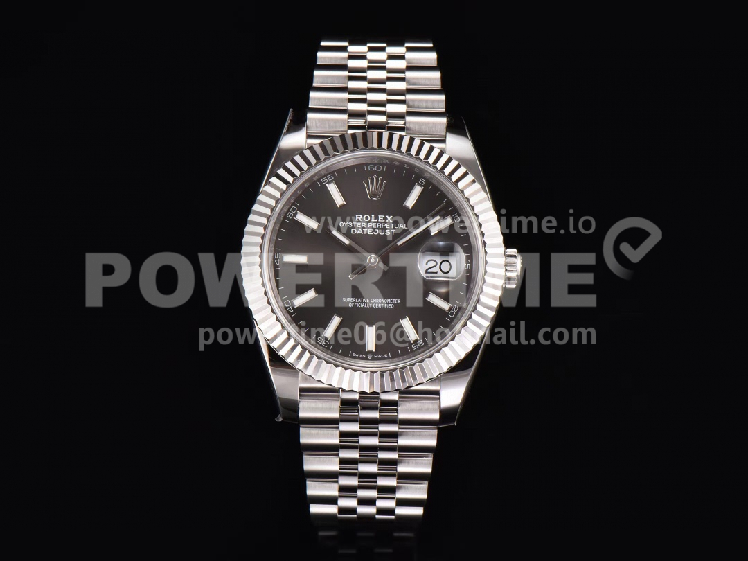 Rolex DateJust 41 SS Fluted Bezel KING 1:1 Best Edition 904L Steel Gray Stick Dial on Jubilee Bracelet VR3235 Super Clone Watch