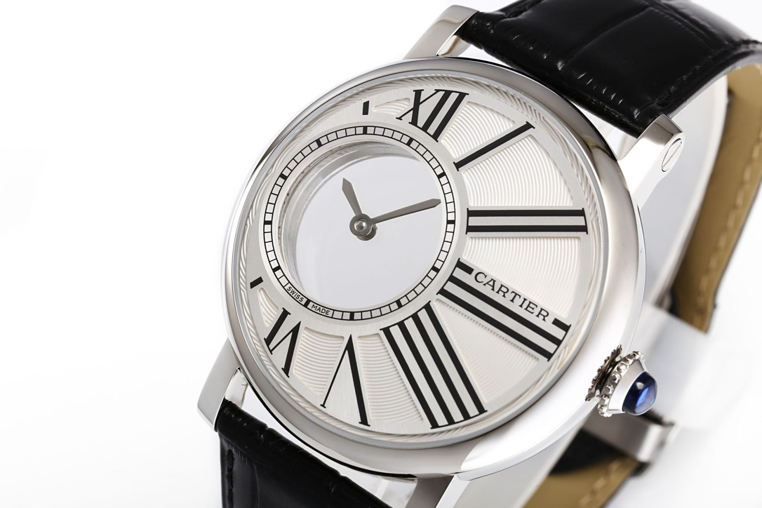 Rotonde de Cartier Mystery SS White Dial on Black Leather Strap Asia 9981 - Image 4