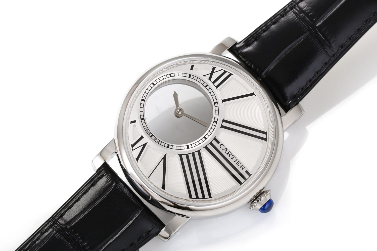 Rotonde de Cartier Mystery SS White Dial on Black Leather Strap Asia 9981 - Image 5