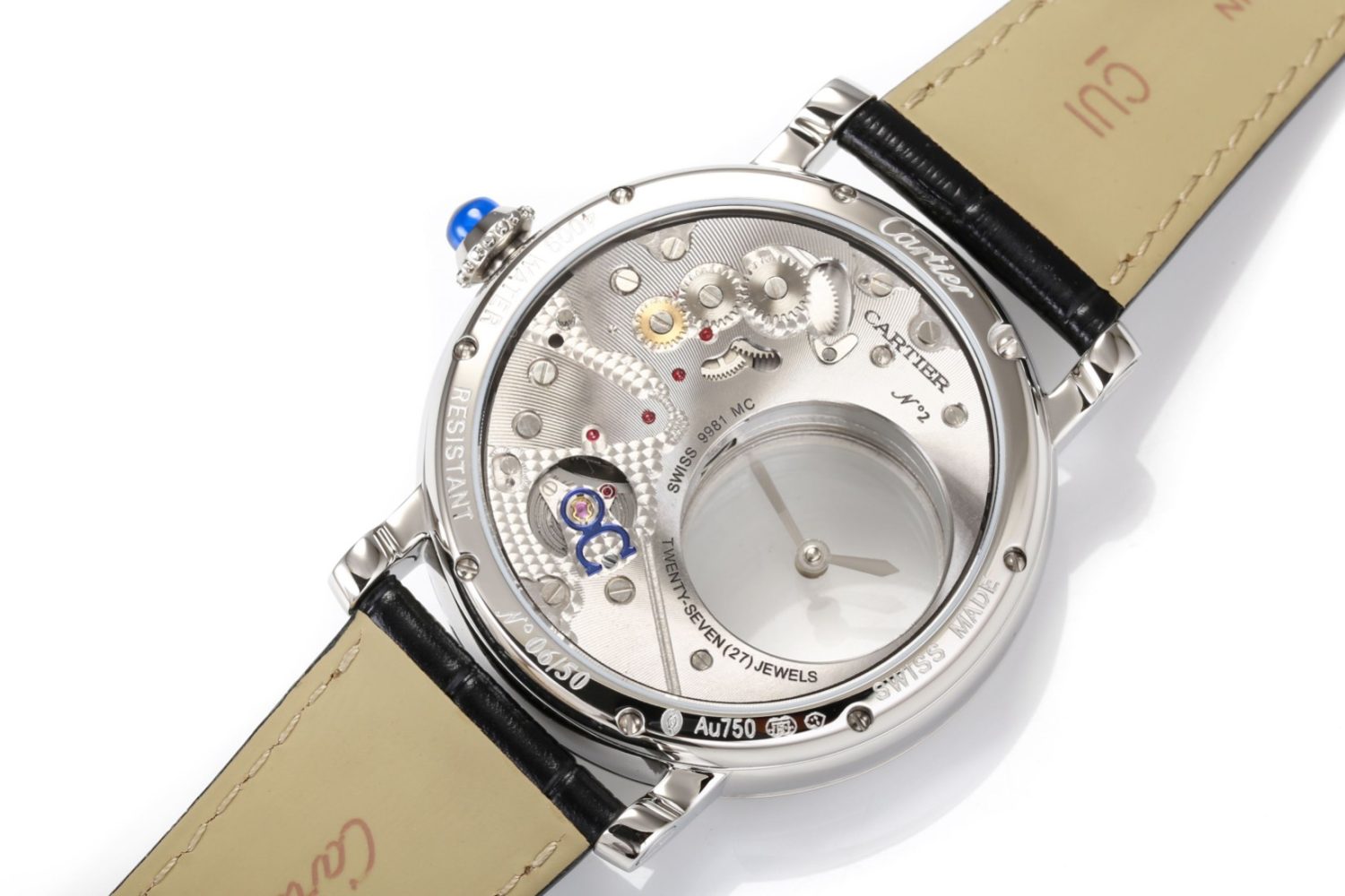 Rotonde de Cartier Mystery SS White Dial on Black Leather Strap Asia 9981 - Image 6