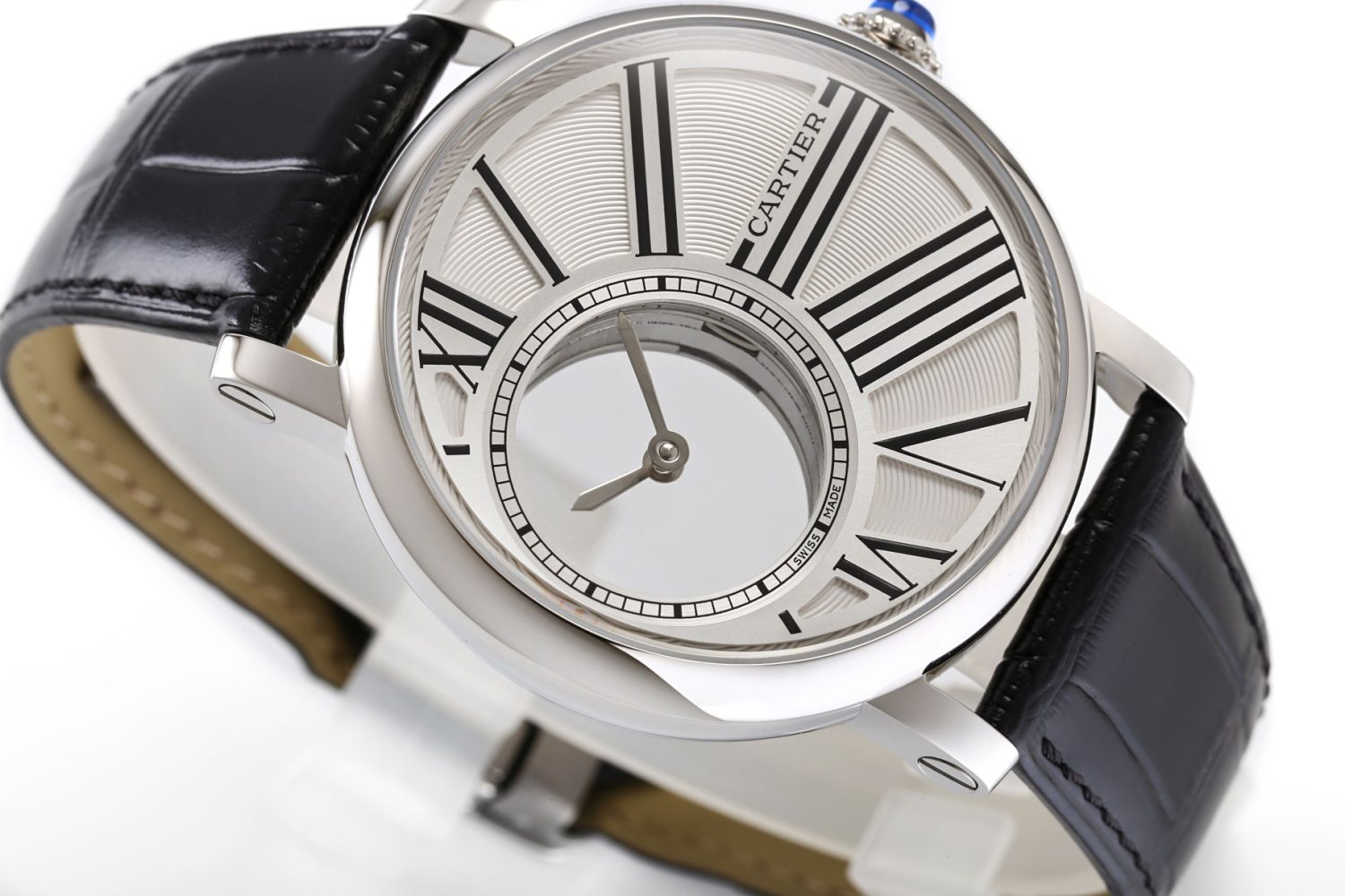Rotonde de Cartier Mystery SS White Dial on Black Leather Strap Asia 9981 - Image 7
