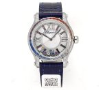 Happy Sport 36mm SS TWS 1:1 Best Edition Rainbow Diamonds Bezel White Dial on Blue Leather Strap A2892
