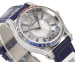 Happy Sport 36mm SS TWS 1:1 Best Edition Rainbow Diamonds Bezel White Dial on Blue Leather Strap A2892 - Image 3