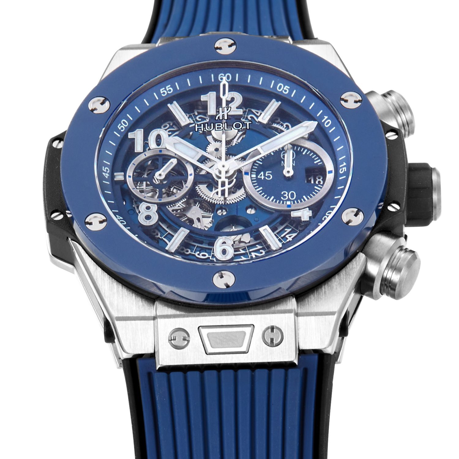 Big Bang Unico SS 45mm BBF 1:1 Best Edition Blue Ceramic Bezel Skeleton Dial on Blue Rubber Strap A1280 - Image 3