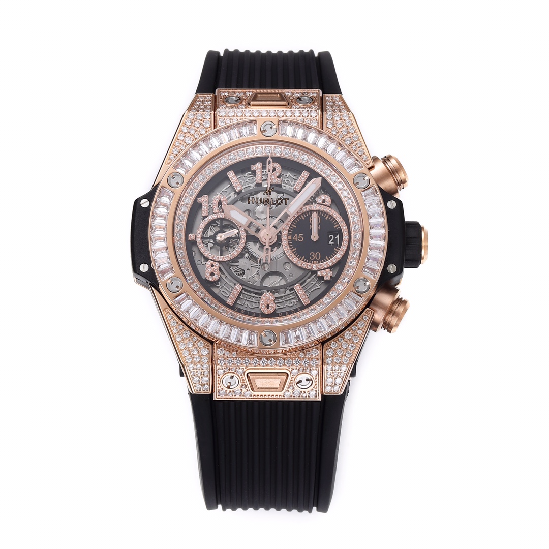 Hublot Big Bang Unico RG Full Diamonds BBF 1:1 Best Edition Skeleton Dial T Diamonds Bezel on Black Rubber Strap A1280