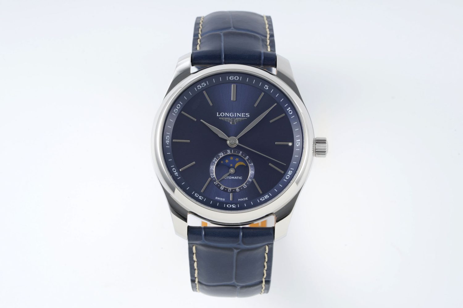 Master Moonphase SS APSF 1:1 Best Edition Blue Stick Dial on Blue Leather Strap AL899 - Image 1