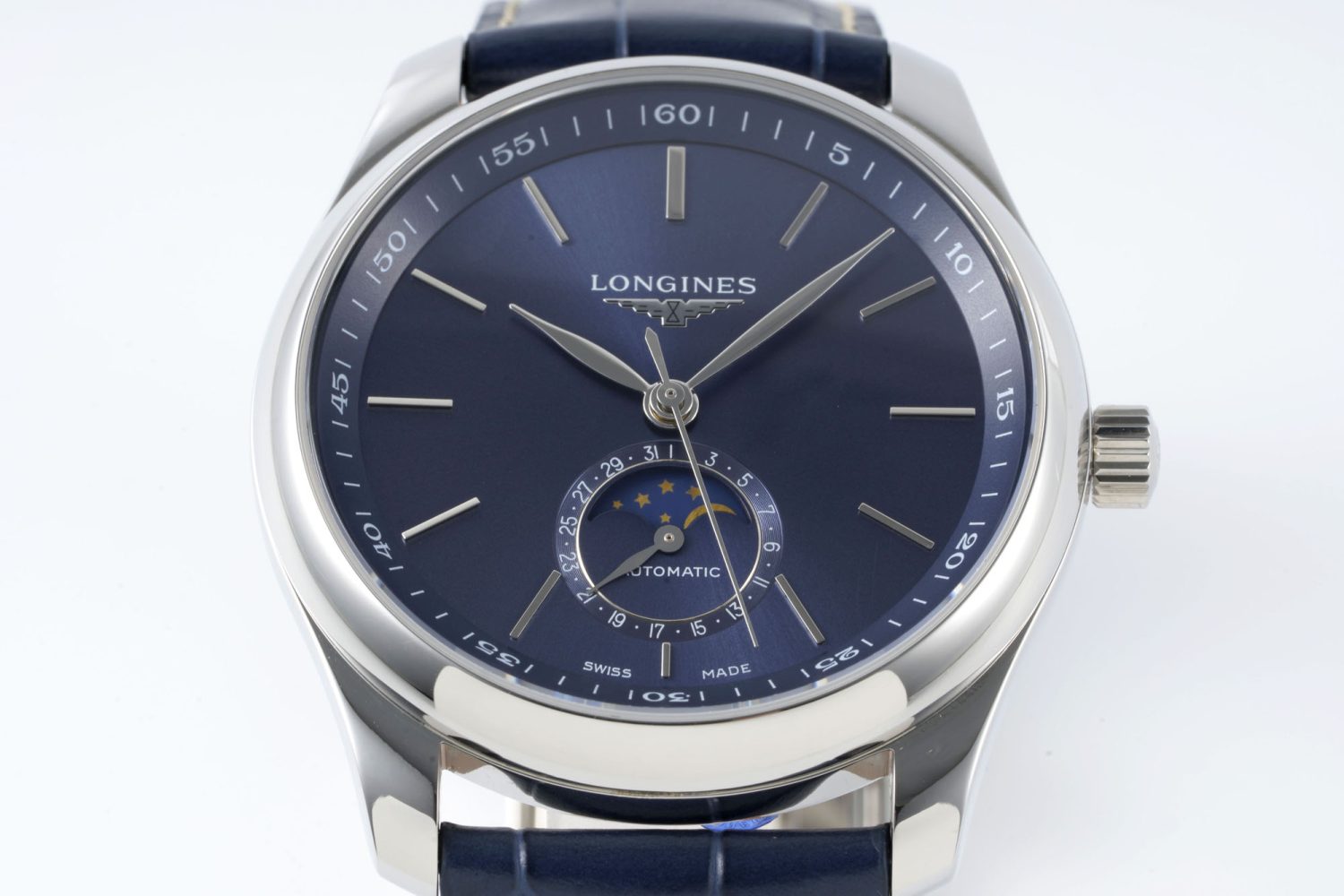 Master Moonphase SS APSF 1:1 Best Edition Blue Stick Dial on Blue Leather Strap AL899 - Image 2