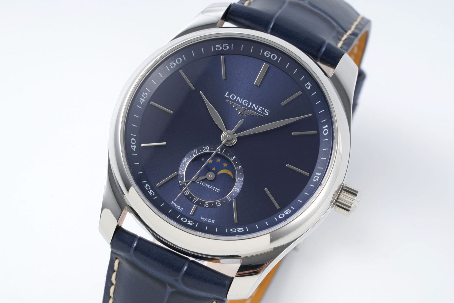 Master Moonphase SS APSF 1:1 Best Edition Blue Stick Dial on Blue Leather Strap AL899 - Image 3