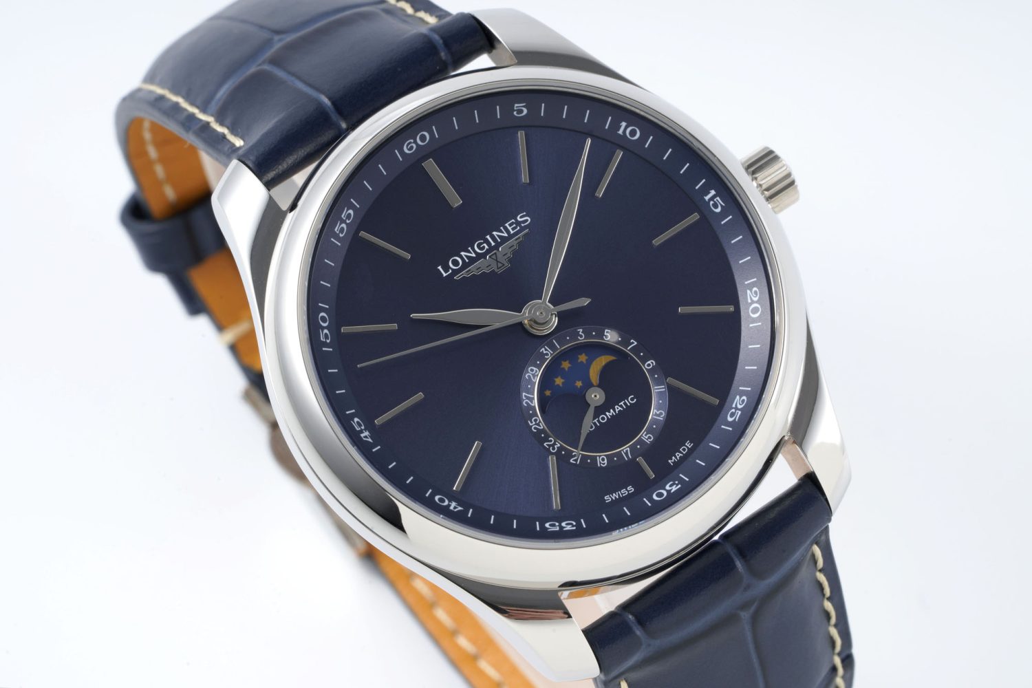 Master Moonphase SS APSF 1:1 Best Edition Blue Stick Dial on Blue Leather Strap AL899 - Image 4