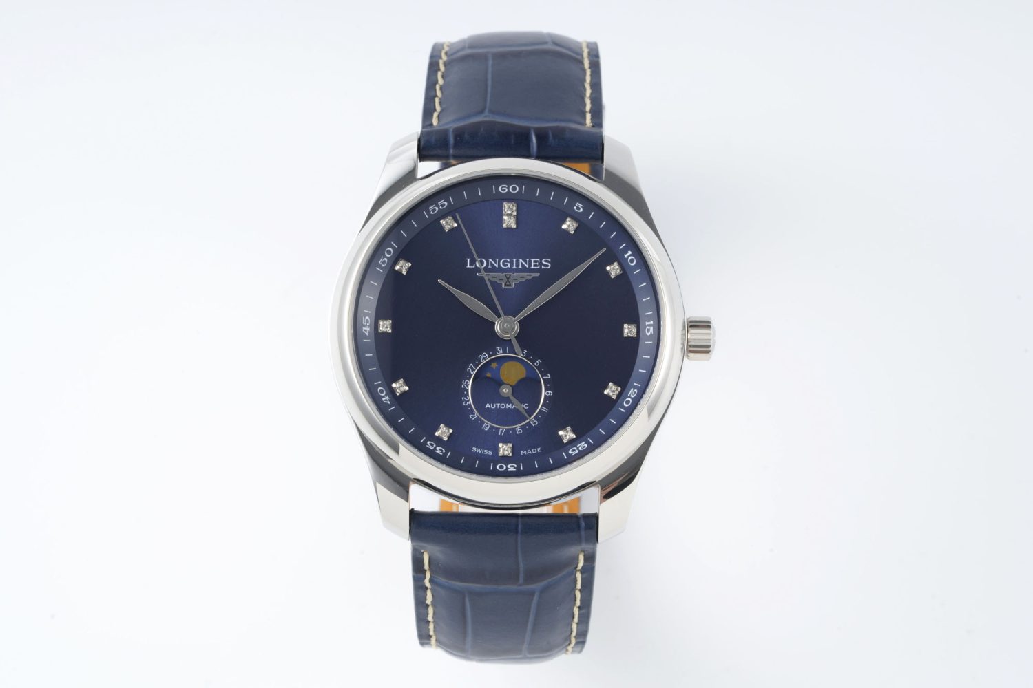 Master Moonphase SS APSF 1:1 Best Edition Blue Diamonds Dial on Blue Leather Strap AL899 - Image 1