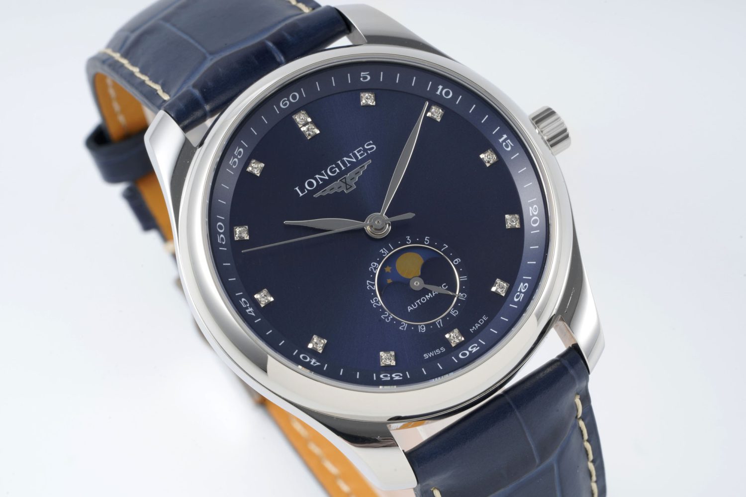 Master Moonphase SS APSF 1:1 Best Edition Blue Diamonds Dial on Blue Leather Strap AL899 - Image 4