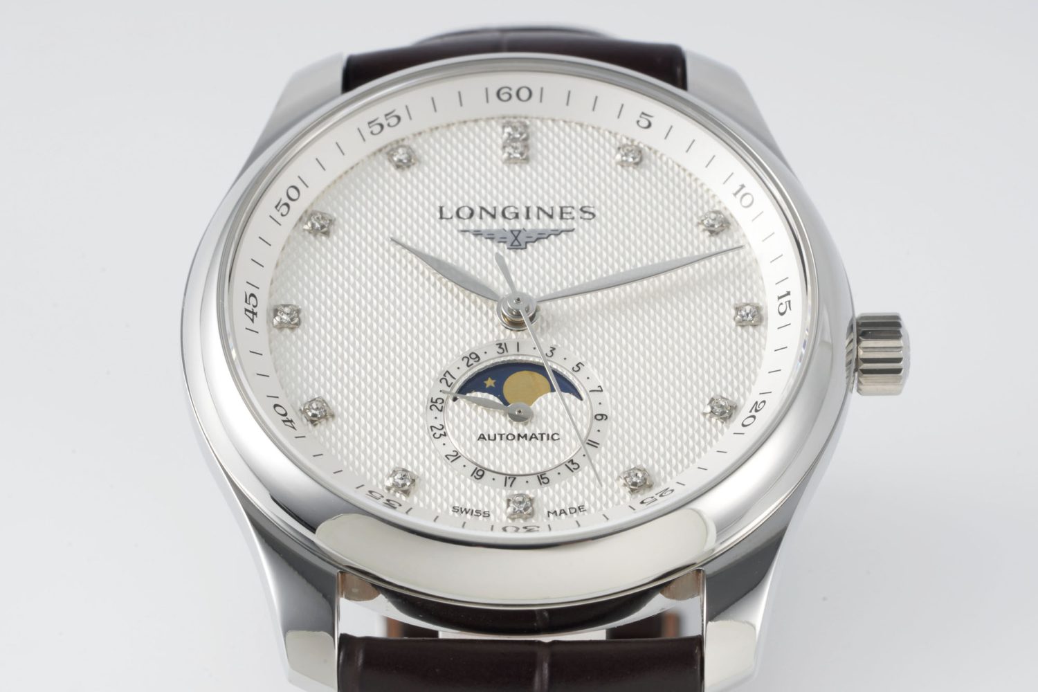 Master Moonphase SS APSF 1:1 Best Edition White Diamonds Dial on Brown Leather Strap AL899 - Image 2