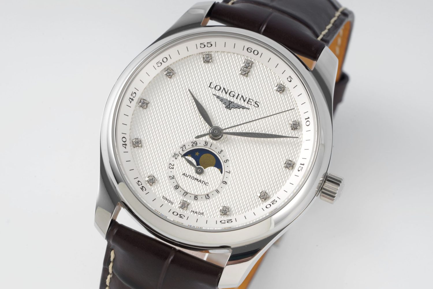 Master Moonphase SS APSF 1:1 Best Edition White Diamonds Dial on Brown Leather Strap AL899 - Image 3