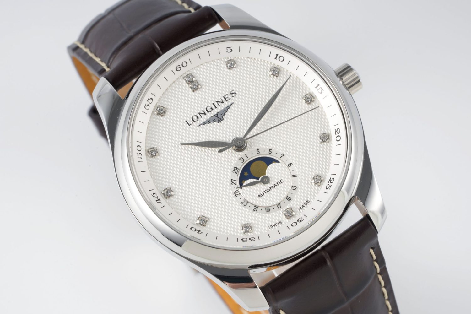 Master Moonphase SS APSF 1:1 Best Edition White Diamonds Dial on Brown Leather Strap AL899 - Image 4