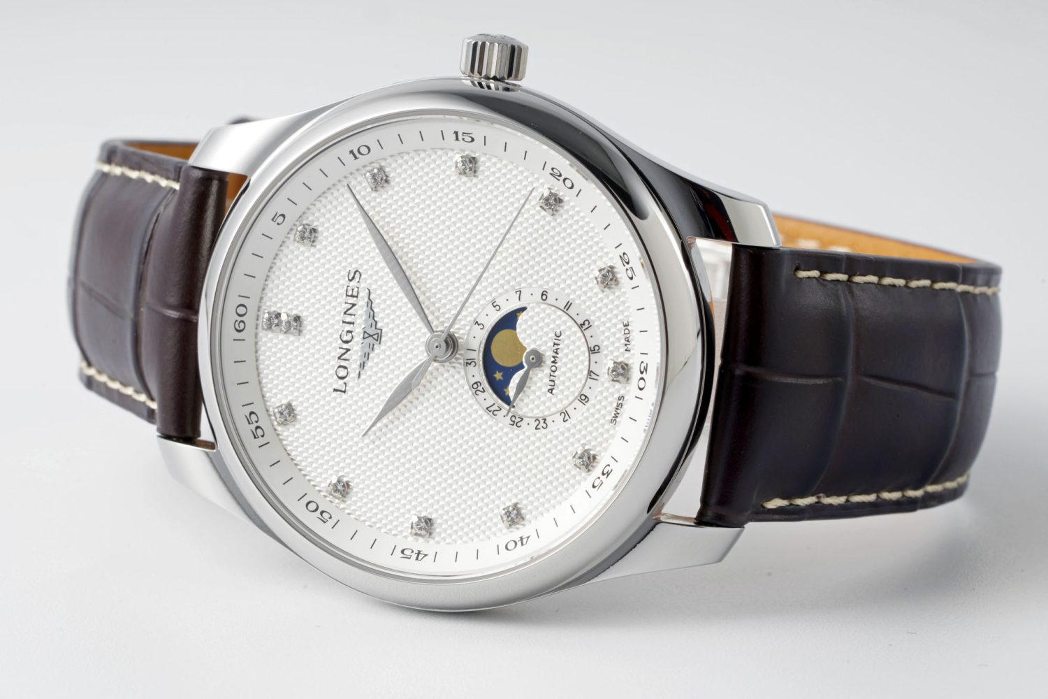 Master Moonphase SS APSF 1:1 Best Edition White Diamonds Dial on Brown Leather Strap AL899 - Image 5