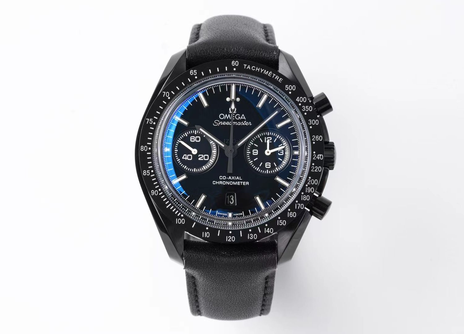 Speedmaster Moonwatch Co-Axial OMF 1:1 Best Edition Black Dial White Logo on Black Leather Strap A9300 (Black Balance Wheel) V2