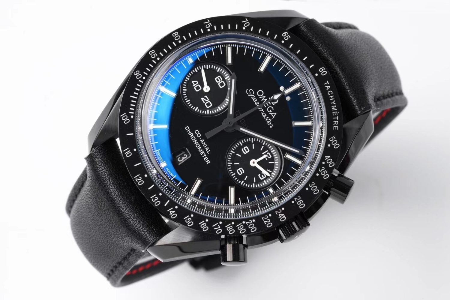 Speedmaster Moonwatch Co-Axial OMF 1:1 Best Edition Black Dial White Logo on Black Leather Strap A9300 (Black Balance Wheel) V2 - Image 4