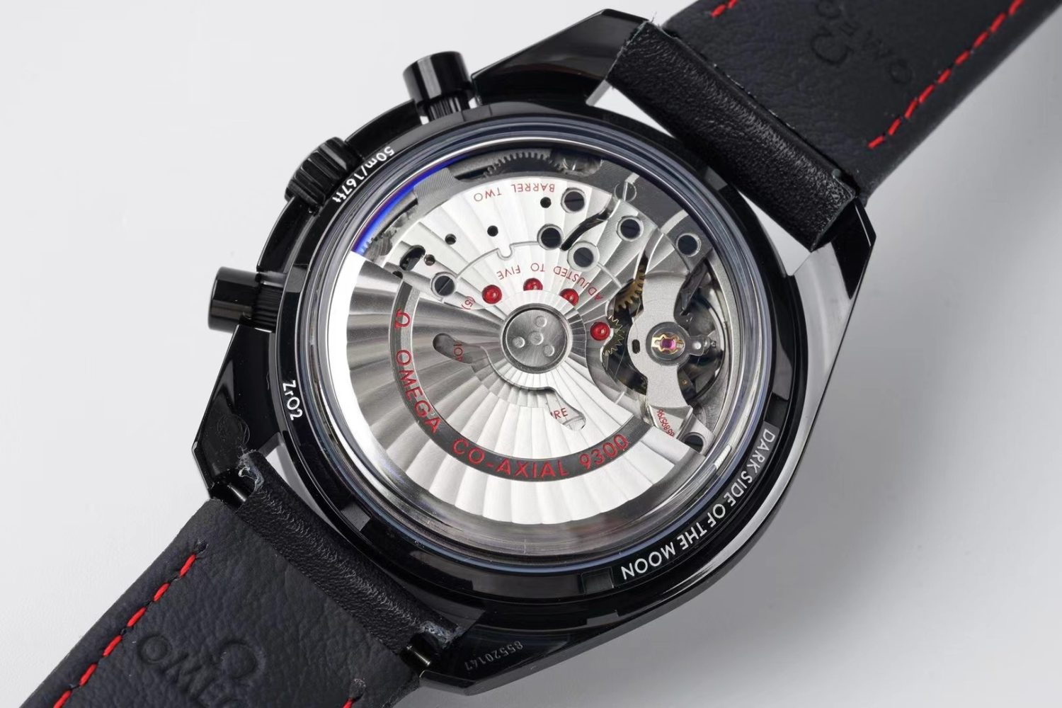 Speedmaster Moonwatch Co-Axial OMF 1:1 Best Edition Black Dial White Logo on Black Leather Strap A9300 (Black Balance Wheel) V2 - Image 7