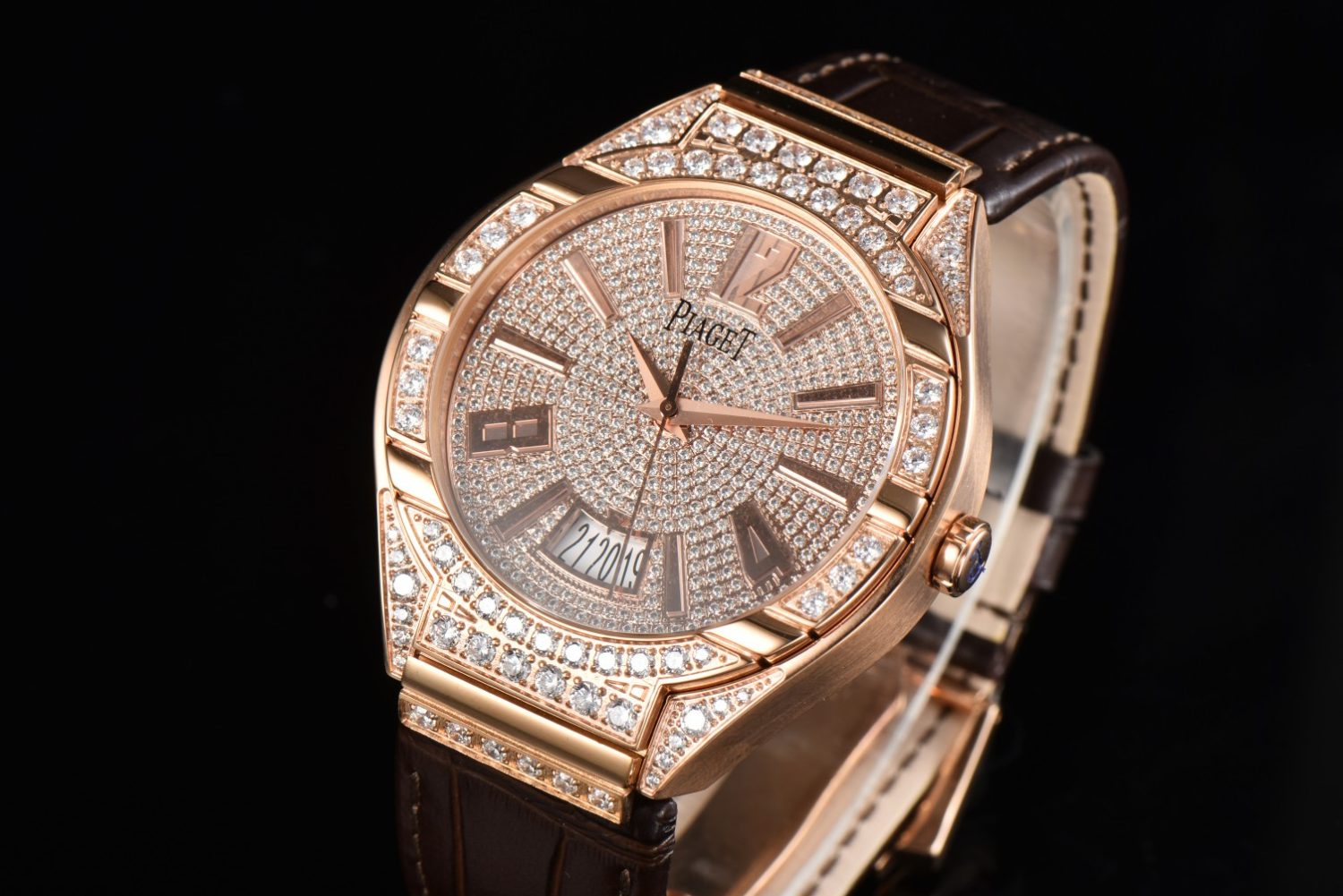 Piaget Polo Real RG Diamonds Dial/Bezel on Brown Croco Strap Swiss A10 - Image 3