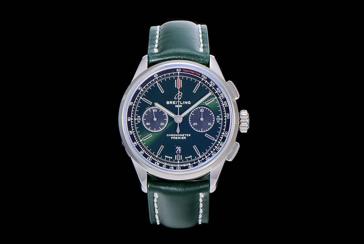 PREMIER B01 CHRONO SS 42MM GF 1:1 BEST EDITION GREEN DIAL ON GREEN LEATHER STRAP A7750