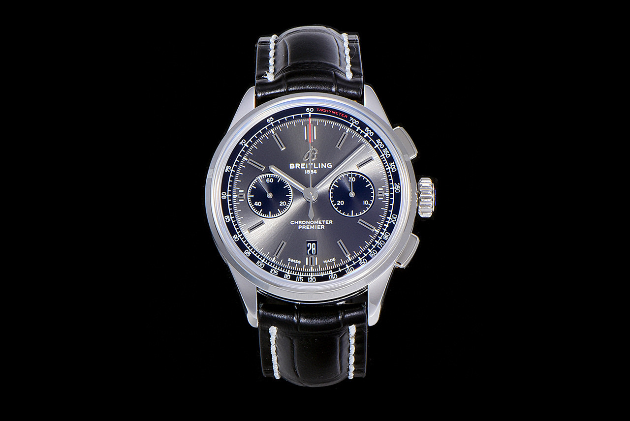 PREMIER B01 CHRONO SS 42MM GF 1:1 BEST EDITION GRAY/BLACK DIAL ON BLACK LEATHER STRAP A7750