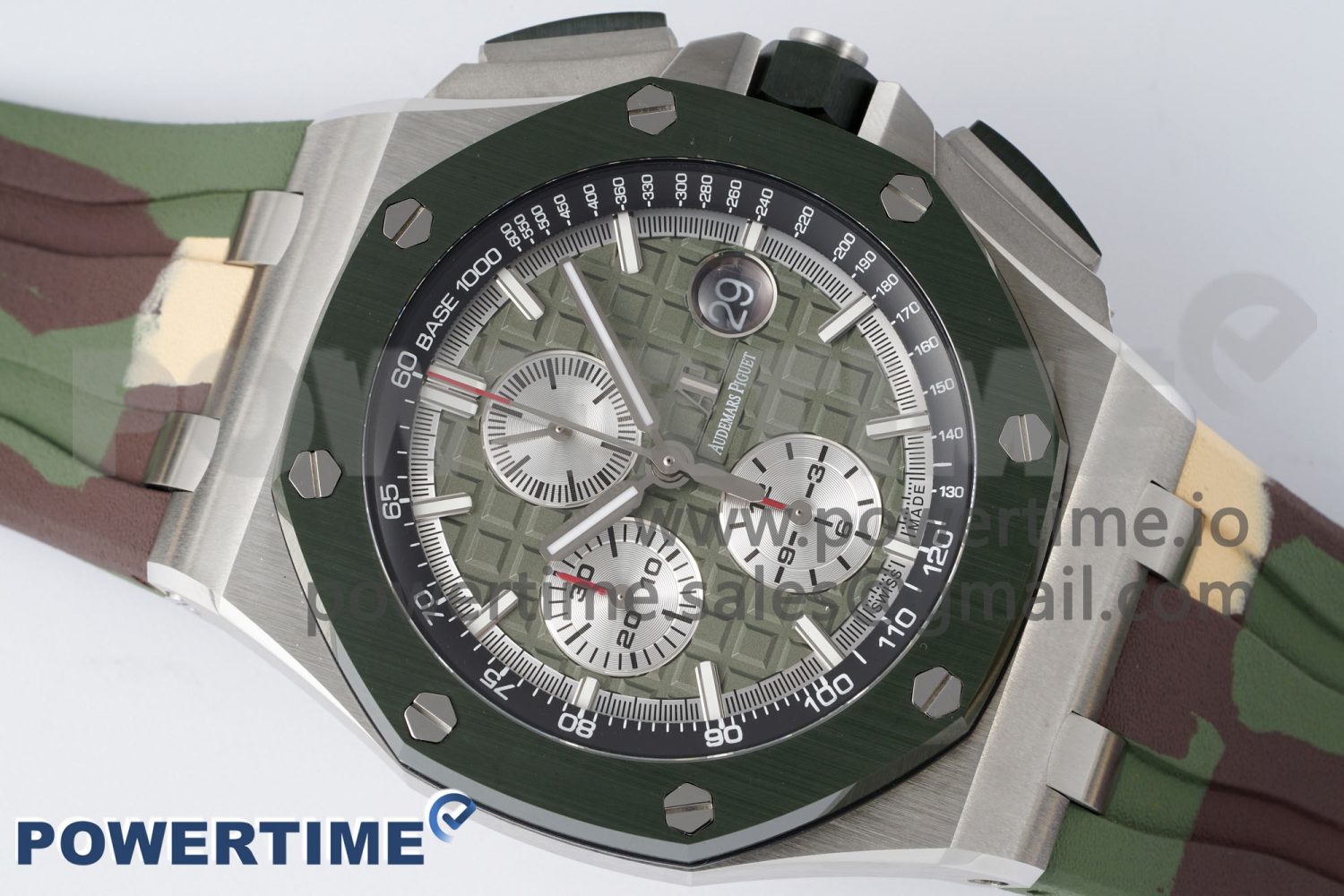 Royal Oak Offshore 44mm SS Green Ceramic Bezel APF 1:1 Best Edition Green/Silver Dial on Camo Rubber Strap A3126 - Image 3