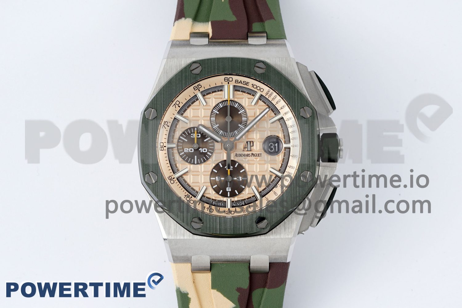 Royal Oak Offshore 44mm SS Green Ceramic Bezel APF 1:1 Best Edition Cream Dial on Camo Rubber Strap A3126 - Image 1