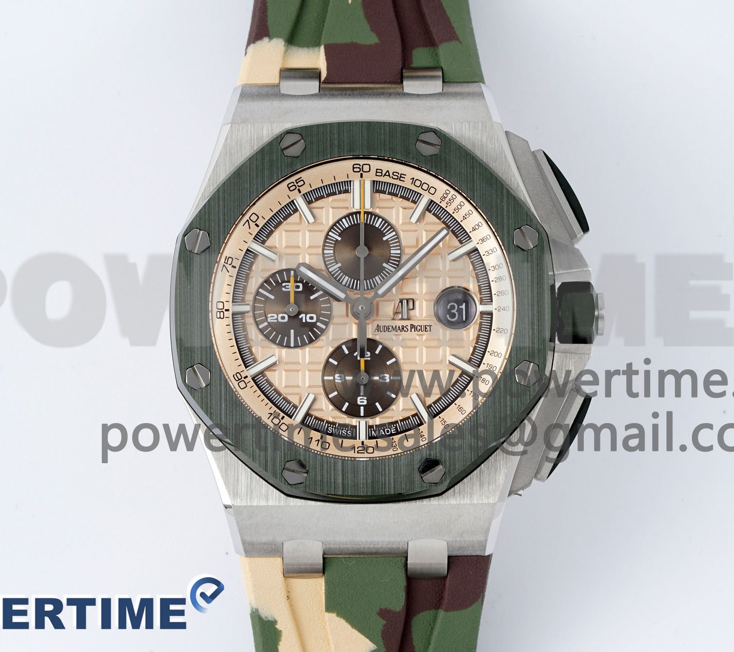 Royal Oak Offshore 44mm SS Green Ceramic Bezel APF 1:1 Best Edition Cream Dial on Camo Rubber Strap A3126